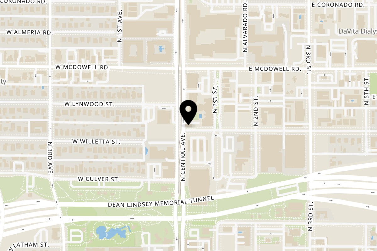 Map showing the location of Blue Fin on 1401 N Central Ave in Phoenix